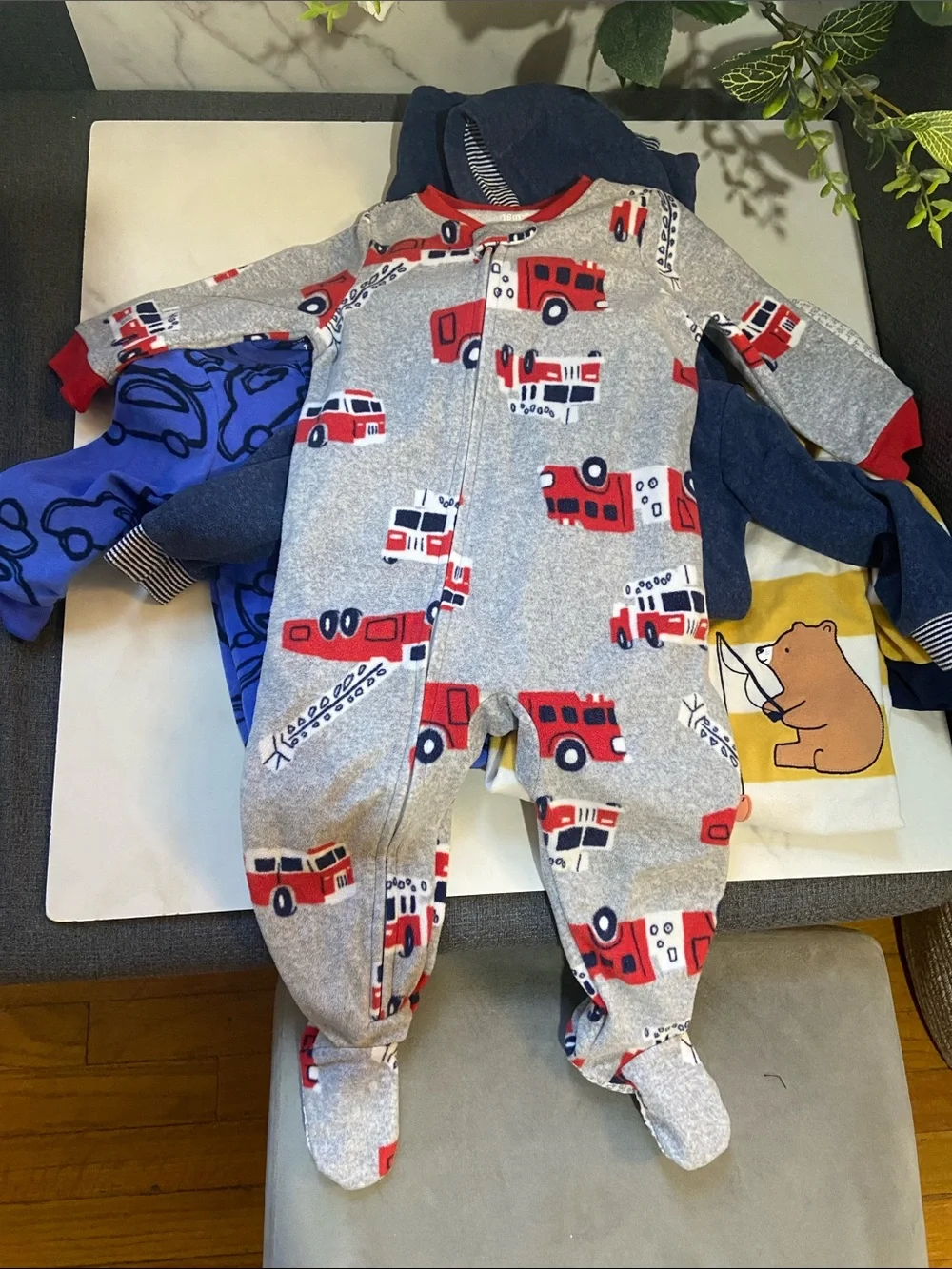 Carter's Gray & Red Fire Truck Footie One-Piece Pajama Bundle Set of 4